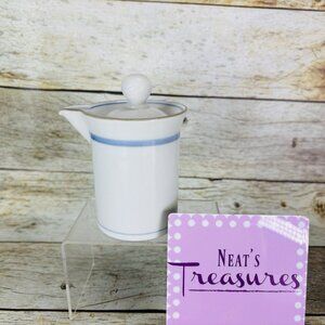 Dansk DAN44 Blue Bands Gray Trim Rim White Porcelain 5" Tall Lidded 8oz Creamer